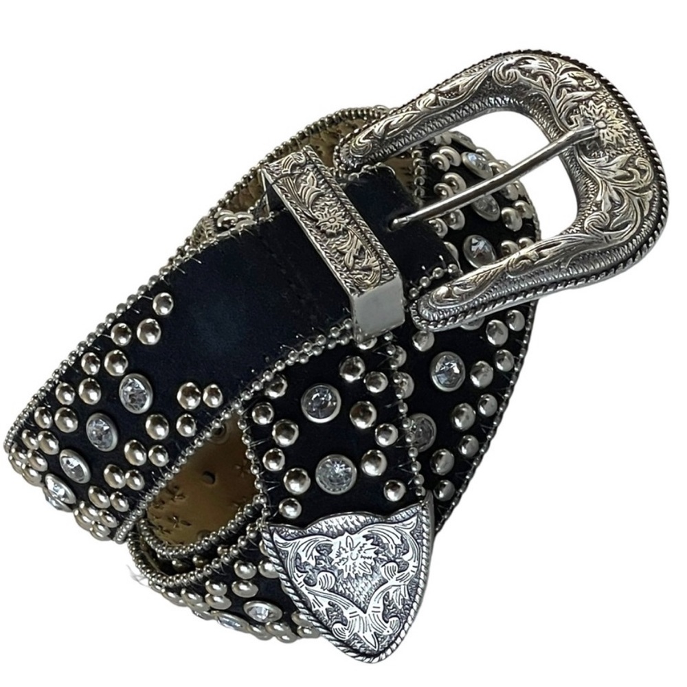 Black and Silver Western Style Belt with Silver Studs and Rhinestones